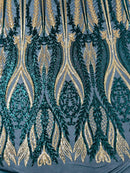 Mermaid Design Sequins Fabric - Hunter Green / Gold - Sequins Fabric 4 Way Stretch on Mesh By Yard