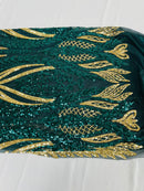 Mermaid Design Sequins Fabric - Hunter Green / Gold - Sequins Fabric 4 Way Stretch on Mesh By Yard
