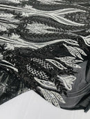 Mermaid Design Sequins Fabric - Black / Silver - Sequins Fabric 4 Way Stretch on Mesh By Yard
