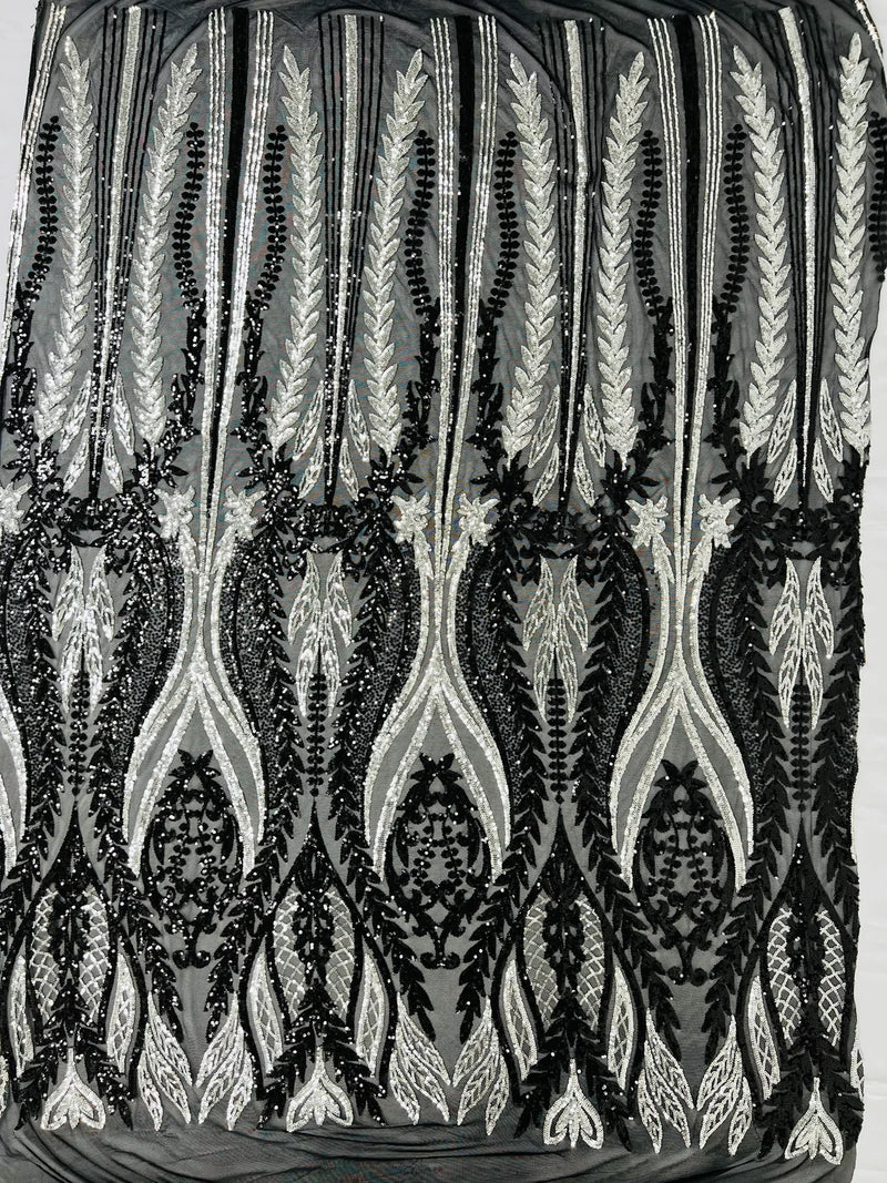 Mermaid Design Sequins Fabric - Black / Silver - Sequins Fabric 4 Way Stretch on Mesh By Yard