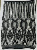Mermaid Design Sequins Fabric - Black / Silver - Sequins Fabric 4 Way Stretch on Mesh By Yard