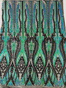 Mermaid Design Sequins Fabric - Blue Green Iridescent / Black - Sequins Fabric 4 Way Stretch on Mesh By Yard