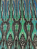 Mermaid Design Sequins Fabric - Blue Green Iridescent / Black - Sequins Fabric 4 Way Stretch on Mesh By Yard