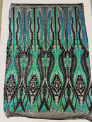 Mermaid Design Sequins Fabric - Blue Green Iridescent / Black - Sequins Fabric 4 Way Stretch on Mesh By Yard