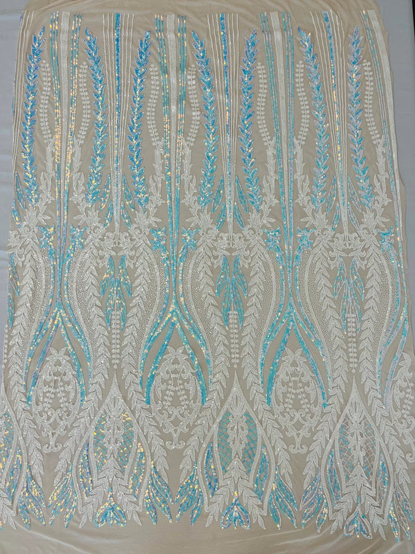 Mermaid Design Sequins Fabric - White/Blue - Sequins Fabric 4 Way Stretch on Mesh By Yard