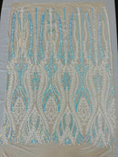 Mermaid Design Sequins Fabric - White/Blue - Sequins Fabric 4 Way Stretch on Mesh By Yard
