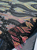 Mermaid Design Sequins Fabric - Black/Rainbow - Sequins Fabric 4 Way Stretch on Mesh By Yard