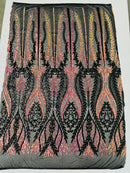 Mermaid Design Sequins Fabric - Black/Rainbow - Sequins Fabric 4 Way Stretch on Mesh By Yard