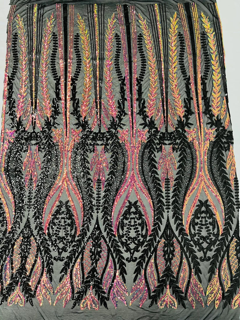 Mermaid Design Sequins Fabric - Black/Rainbow - Sequins Fabric 4 Way Stretch on Mesh By Yard