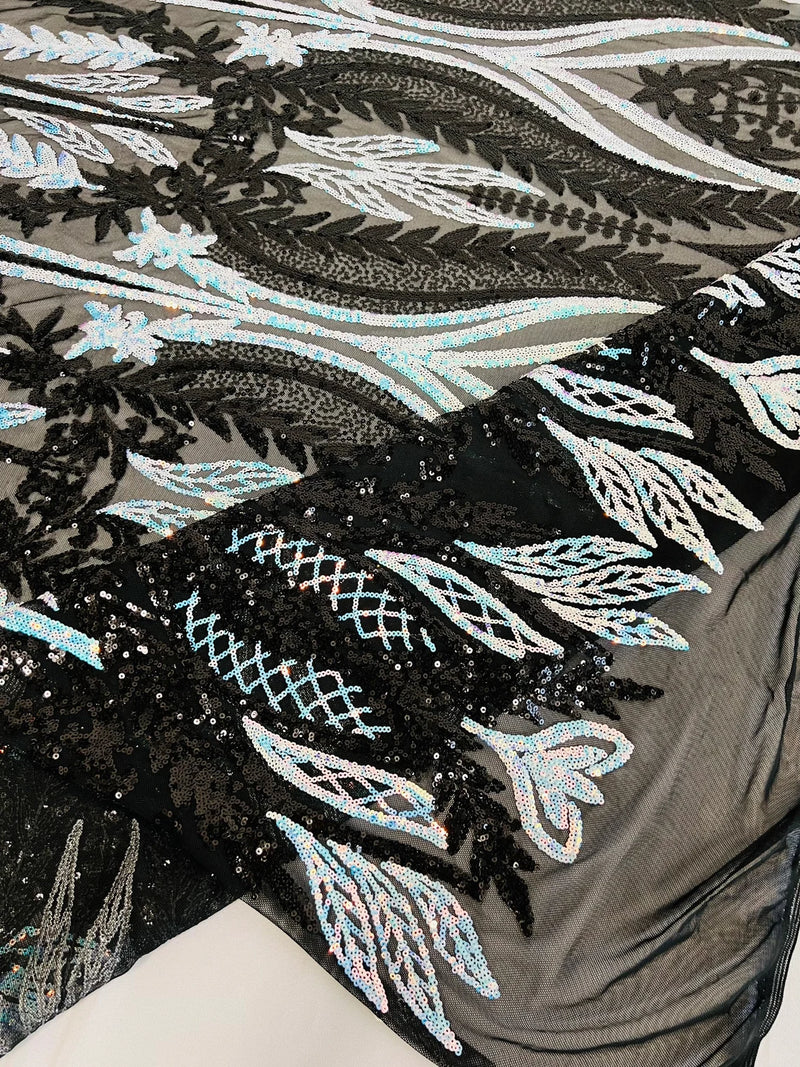 Mermaid Design Sequins Fabric - Black/Blue - Sequins Fabric 4 Way Stretch on Mesh By Yard