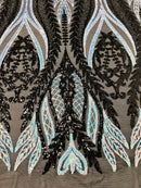 Mermaid Design Sequins Fabric - Black/Blue - Sequins Fabric 4 Way Stretch on Mesh By Yard