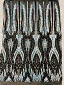 Mermaid Design Sequins Fabric - Black/Blue - Sequins Fabric 4 Way Stretch on Mesh By Yard