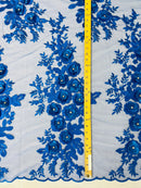 3D Rhinestone Rose Fabric - Royal Blue - Embroidered 3D Roses Design on Mesh Fabric Sold by Yard