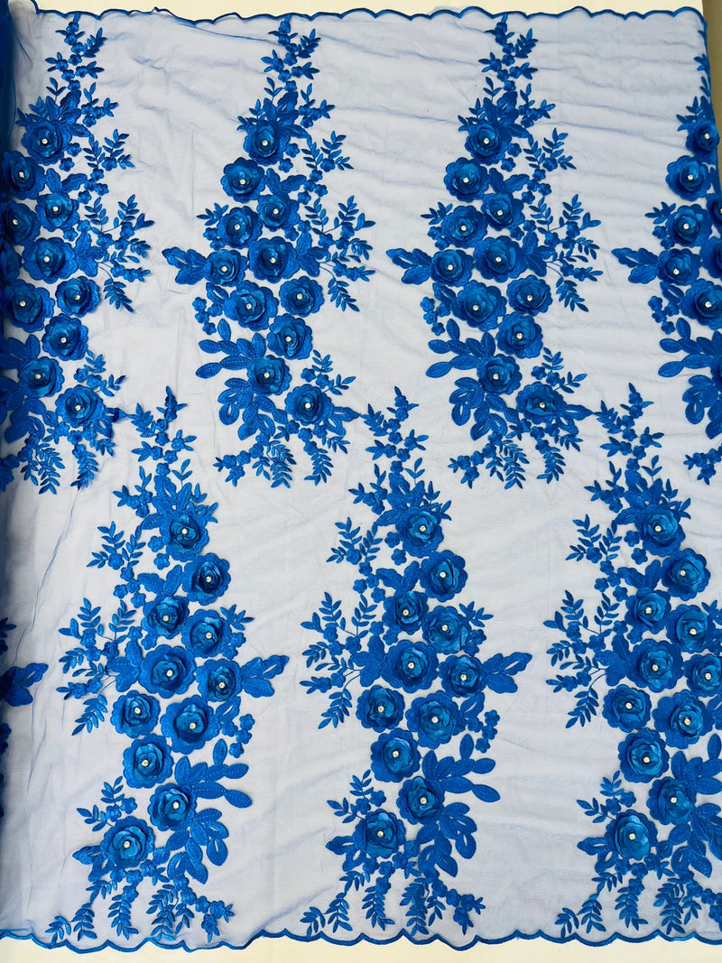3D Rhinestone Rose Fabric - Royal Blue - Embroidered 3D Roses Design on Mesh Fabric Sold by Yard