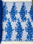 3D Rhinestone Rose Fabric - Royal Blue - Embroidered 3D Roses Design on Mesh Fabric Sold by Yard