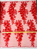 3D Rhinestone Rose Fabric - Red - Embroidered 3D Roses Design on Mesh Fabric Sold by Yard