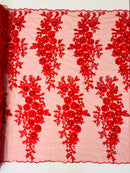 3D Rhinestone Rose Fabric - Red - Embroidered 3D Roses Design on Mesh Fabric Sold by Yard