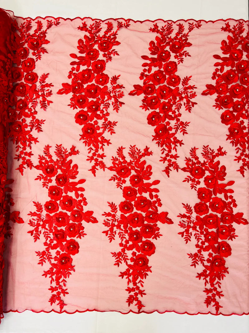 3D Rhinestone Rose Fabric - Red - Embroidered 3D Roses Design on Mesh Fabric Sold by Yard