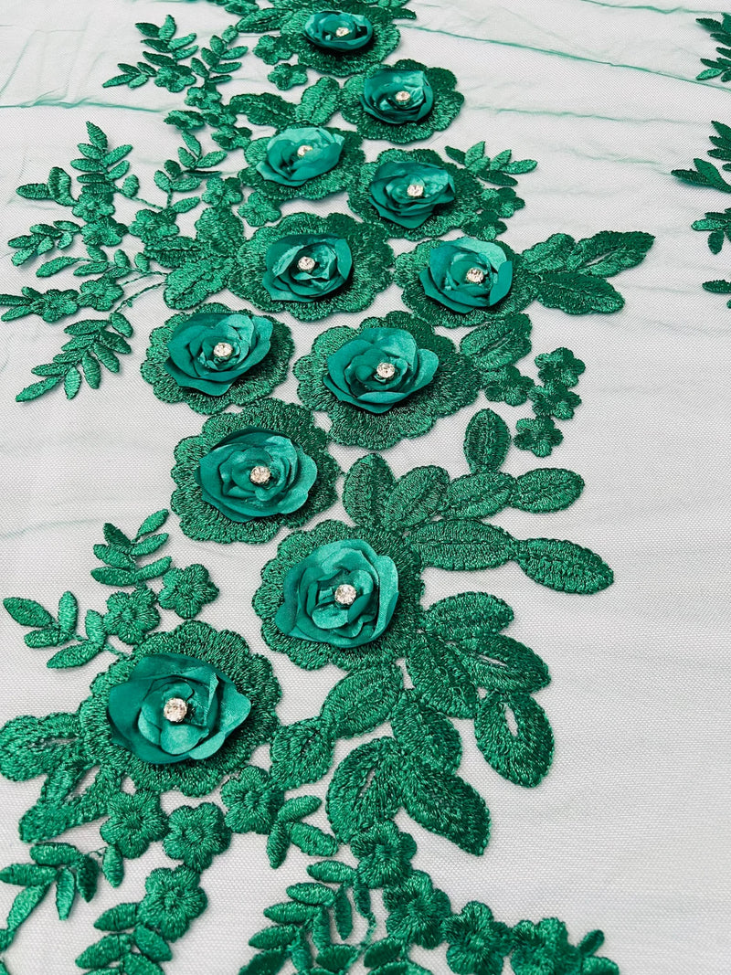 3D Rhinestone Rose Fabric - Hunter Green - Embroidered 3D Roses Design on Mesh Fabric Sold by Yard