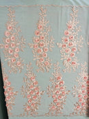 3D Rhinestone Rose Fabric - Pink - Embroidered 3D Roses Design on Mesh Fabric Sold by Yard