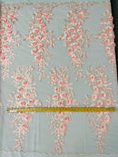3D Rhinestone Rose Fabric - Pink - Embroidered 3D Roses Design on Mesh Fabric Sold by Yard