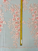 3D Rhinestone Rose Fabric - Pink - Embroidered 3D Roses Design on Mesh Fabric Sold by Yard