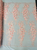 3D Rhinestone Rose Fabric - Pink - Embroidered 3D Roses Design on Mesh Fabric Sold by Yard