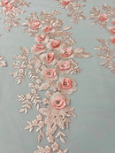 3D Rhinestone Rose Fabric - Pink - Embroidered 3D Roses Design on Mesh Fabric Sold by Yard