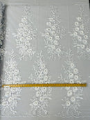 3D Rhinestone Rose Fabric - White - Embroidered 3D Roses Design on Mesh Fabric Sold by Yard