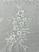 3D Rhinestone Rose Fabric - White - Embroidered 3D Roses Design on Mesh Fabric Sold by Yard