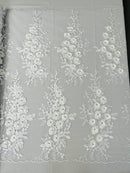3D Rhinestone Rose Fabric - White - Embroidered 3D Roses Design on Mesh Fabric Sold by Yard