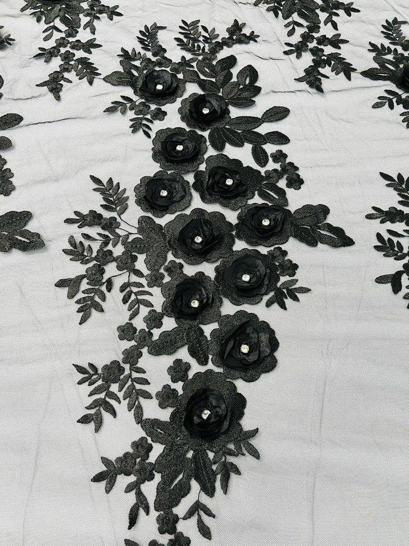3D Rhinestone Rose Fabric - Black - Embroidered 3D Roses Design on Mesh Fabric Sold by Yard