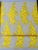 3D Rhinestone Rose Fabric - Yellow - Embroidered 3D Roses Design on Mesh Fabric Sold by Yard