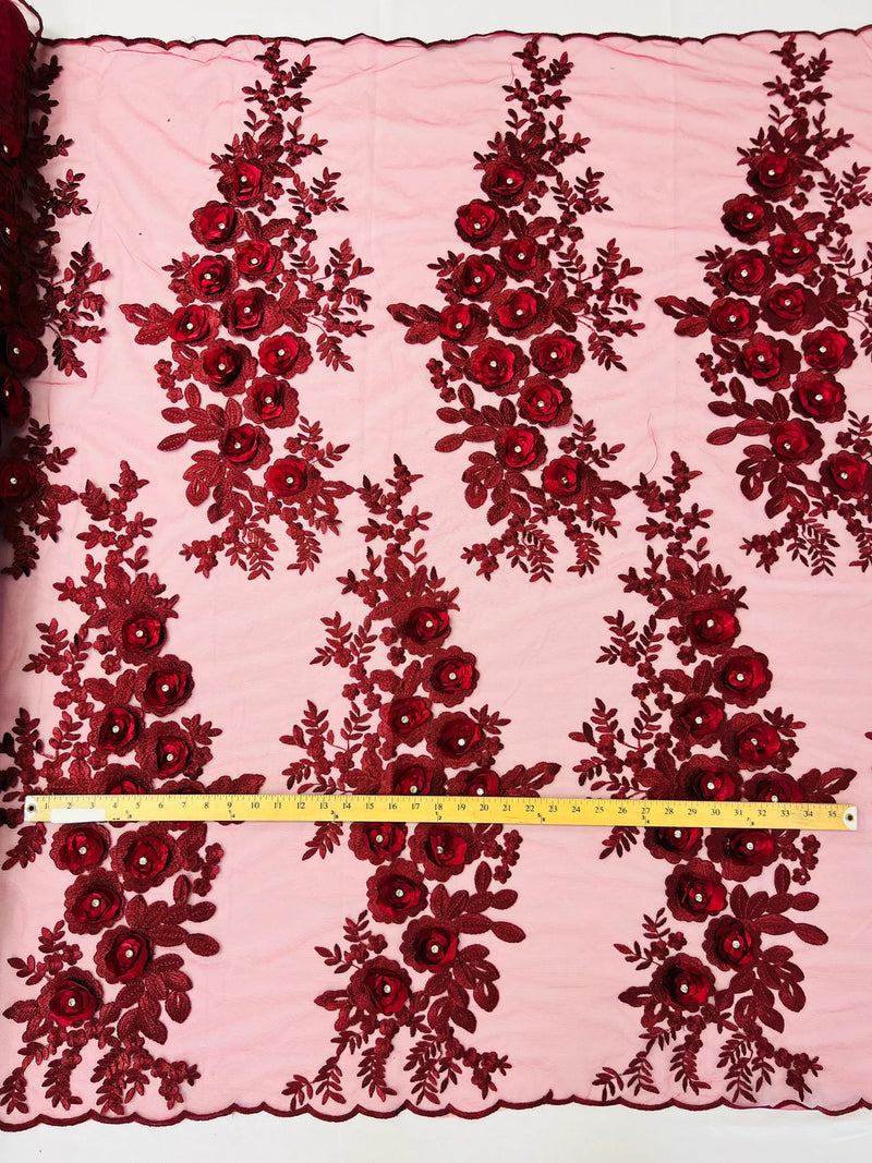 3D Rhinestone Rose Fabric - Burgundy - Embroidered 3D Roses Design on Mesh Fabric Sold by Yard