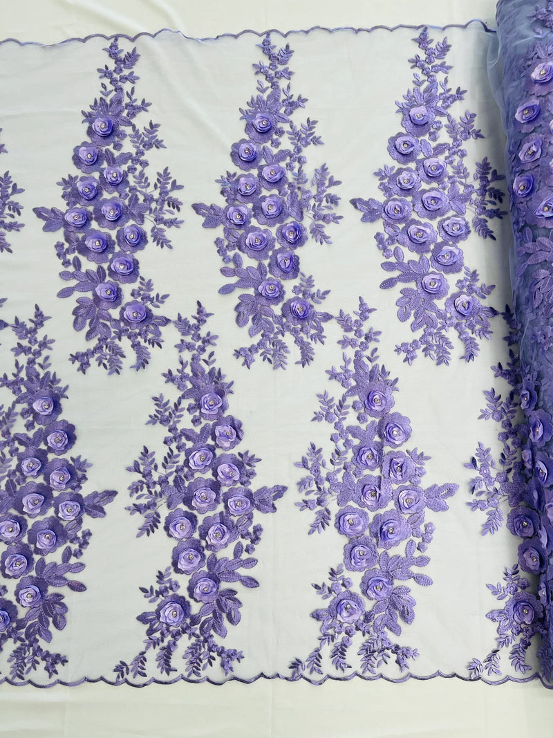 3D Rhinestone Rose Fabric - Lilac - Embroidered 3D Roses Design on Mesh Fabric Sold by Yard