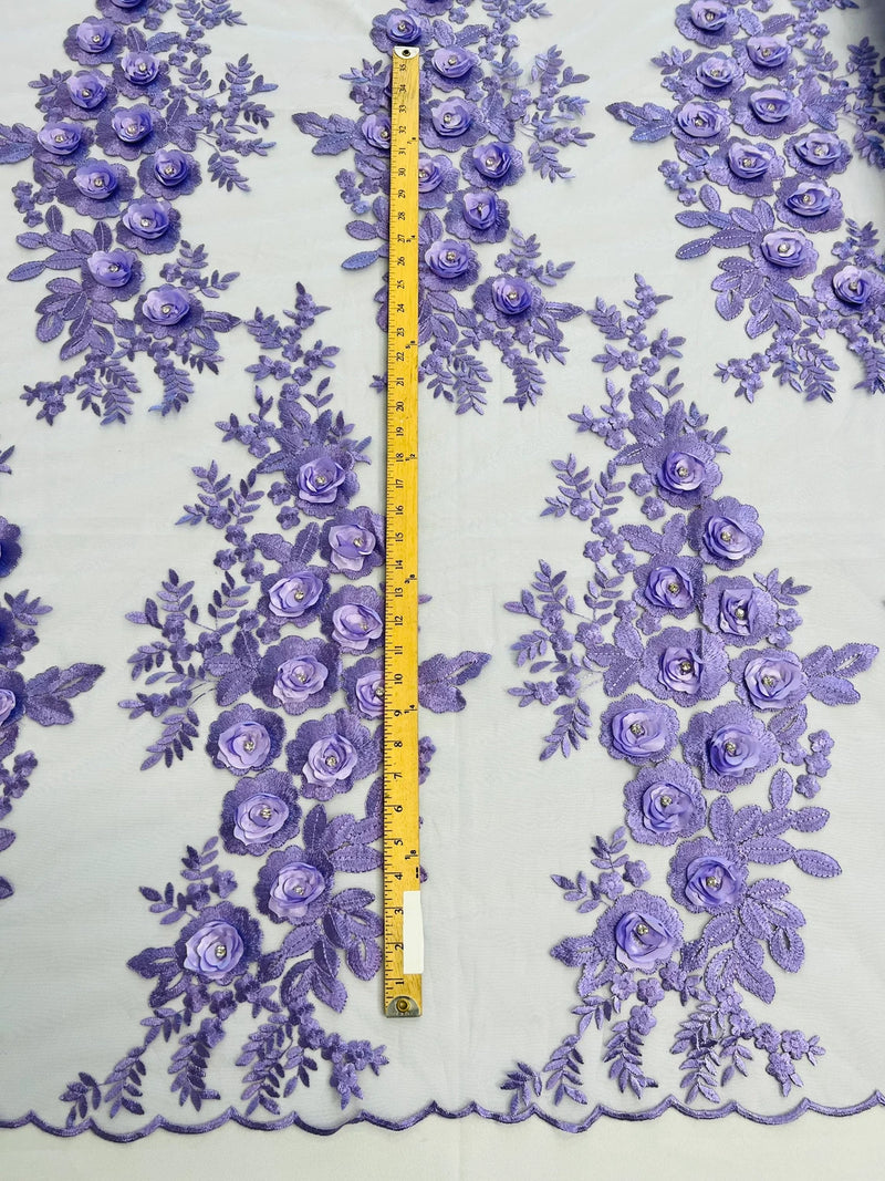 3D Rhinestone Rose Fabric - Lilac - Embroidered 3D Roses Design on Mesh Fabric Sold by Yard