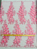 3D Rhinestone Rose Fabric - Candy Pink - Embroidered 3D Roses Design on Mesh Fabric Sold by Yard