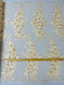 3D Rhinestone Rose Fabric - Champagne - Embroidered 3D Roses Design on Mesh Fabric Sold by Yard