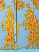 3D Rhinestone Rose Fabric - Orange - Embroidered 3D Roses Design on Mesh Fabric Sold by Yard