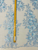 3D Rhinestone Rose Fabric - Baby Blue - Embroidered 3D Roses Design on Mesh Fabric Sold by Yard