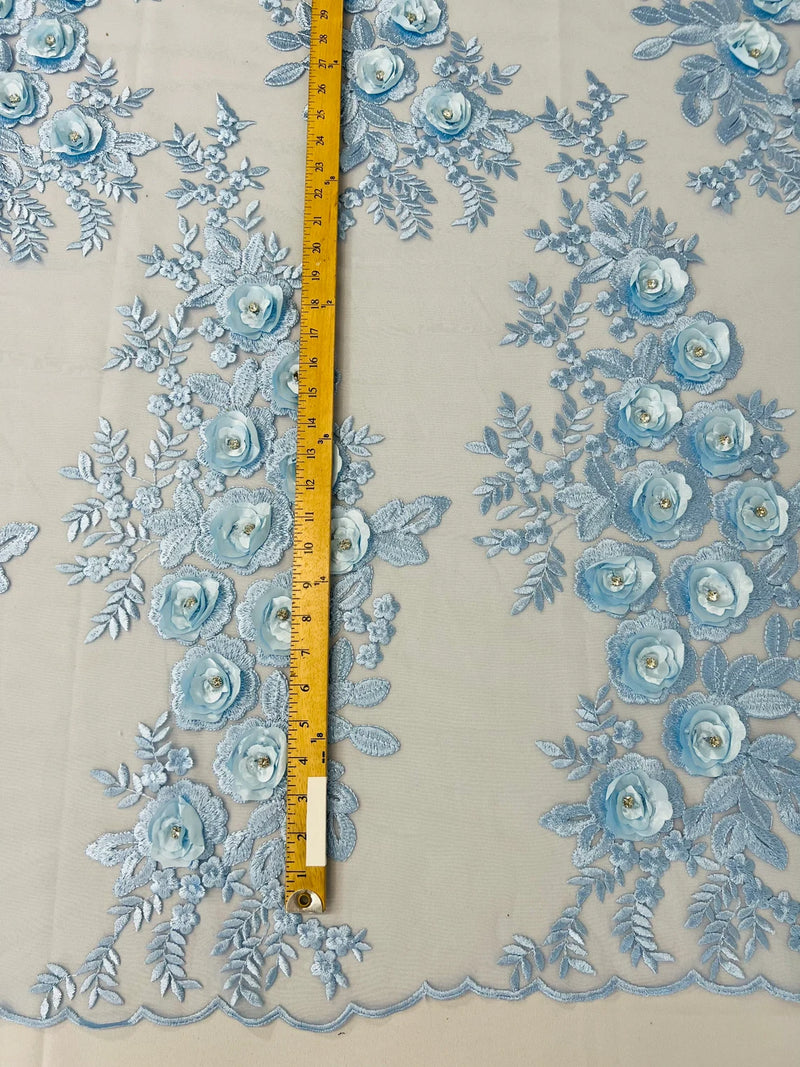 3D Rhinestone Rose Fabric - Baby Blue - Embroidered 3D Roses Design on Mesh Fabric Sold by Yard