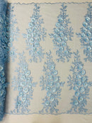 3D Rhinestone Rose Fabric - Baby Blue - Embroidered 3D Roses Design on Mesh Fabric Sold by Yard