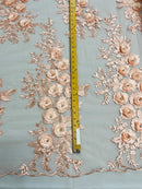 3D Rhinestone Rose Fabric - Blush - Embroidered 3D Roses Design on Mesh Fabric Sold by Yard