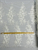 3D Rhinestone Rose Fabric - Off-White - Embroidered 3D Roses Design on Mesh Fabric Sold by Yard