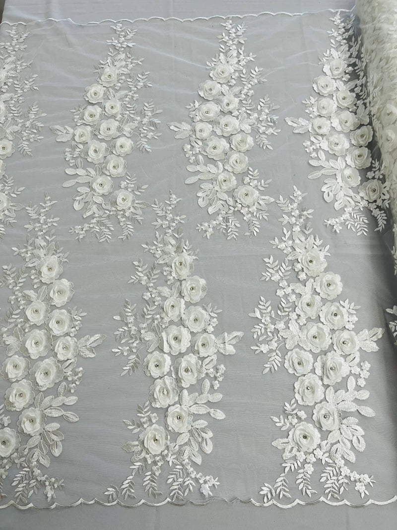3D Rhinestone Rose Fabric - Off-White - Embroidered 3D Roses Design on Mesh Fabric Sold by Yard