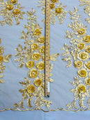3D Rhinestone Rose Fabric - Gold - Embroidered 3D Roses Design on Mesh Fabric Sold by Yard