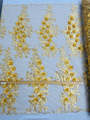 3D Rhinestone Rose Fabric - Gold - Embroidered 3D Roses Design on Mesh Fabric Sold by Yard