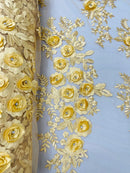 3D Rhinestone Rose Fabric - Gold - Embroidered 3D Roses Design on Mesh Fabric Sold by Yard