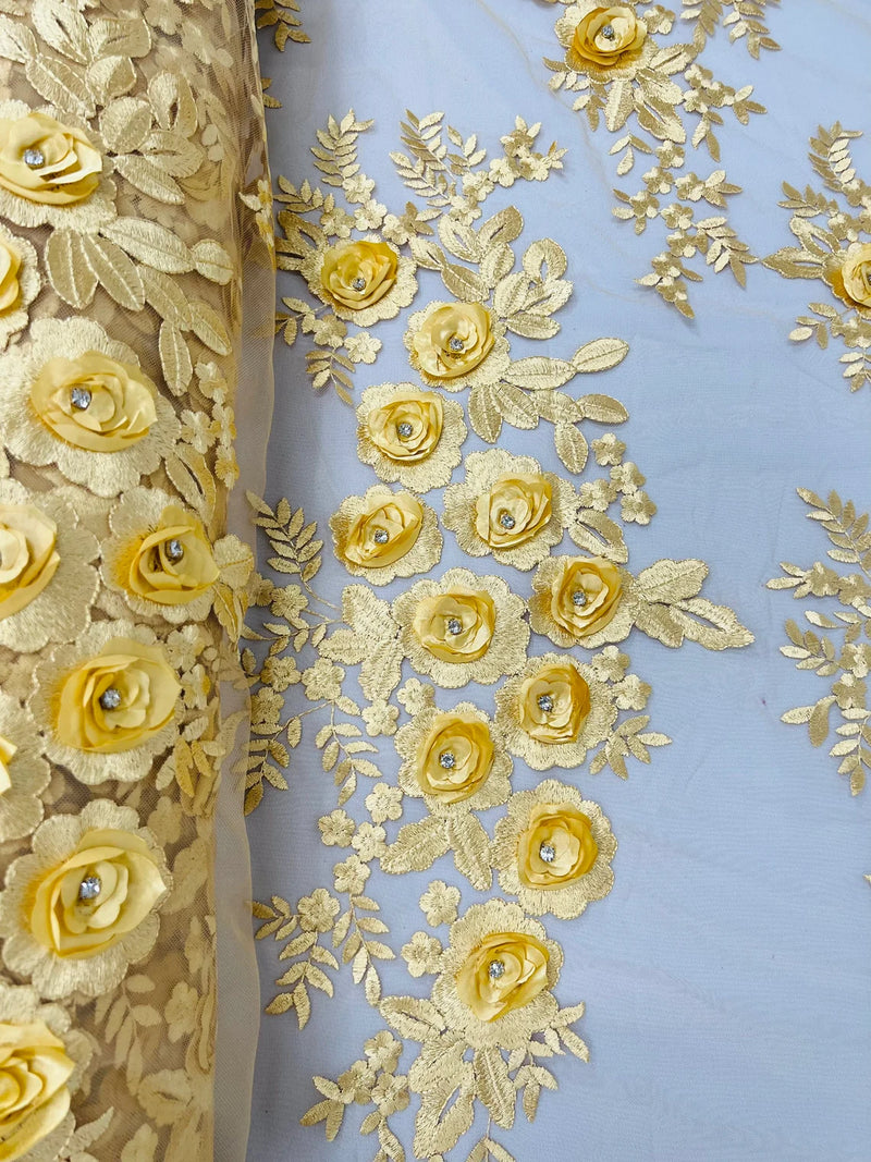 3D Rhinestone Rose Fabric - Gold - Embroidered 3D Roses Design on Mesh Fabric Sold by Yard