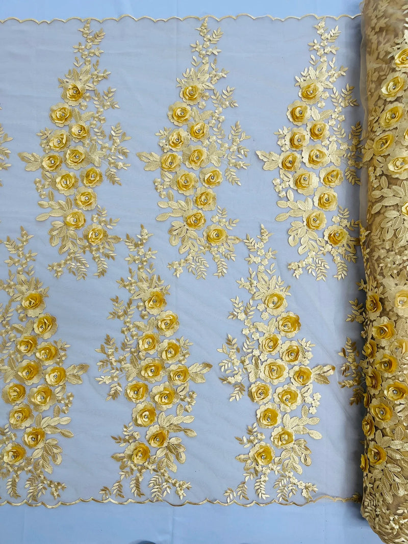 3D Rhinestone Rose Fabric - Gold - Embroidered 3D Roses Design on Mesh Fabric Sold by Yard